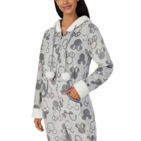 Disney Mickey & Minnie One Piece Fleece Hooded Zip Front Pajamas Size Large - Picture 3 of 11